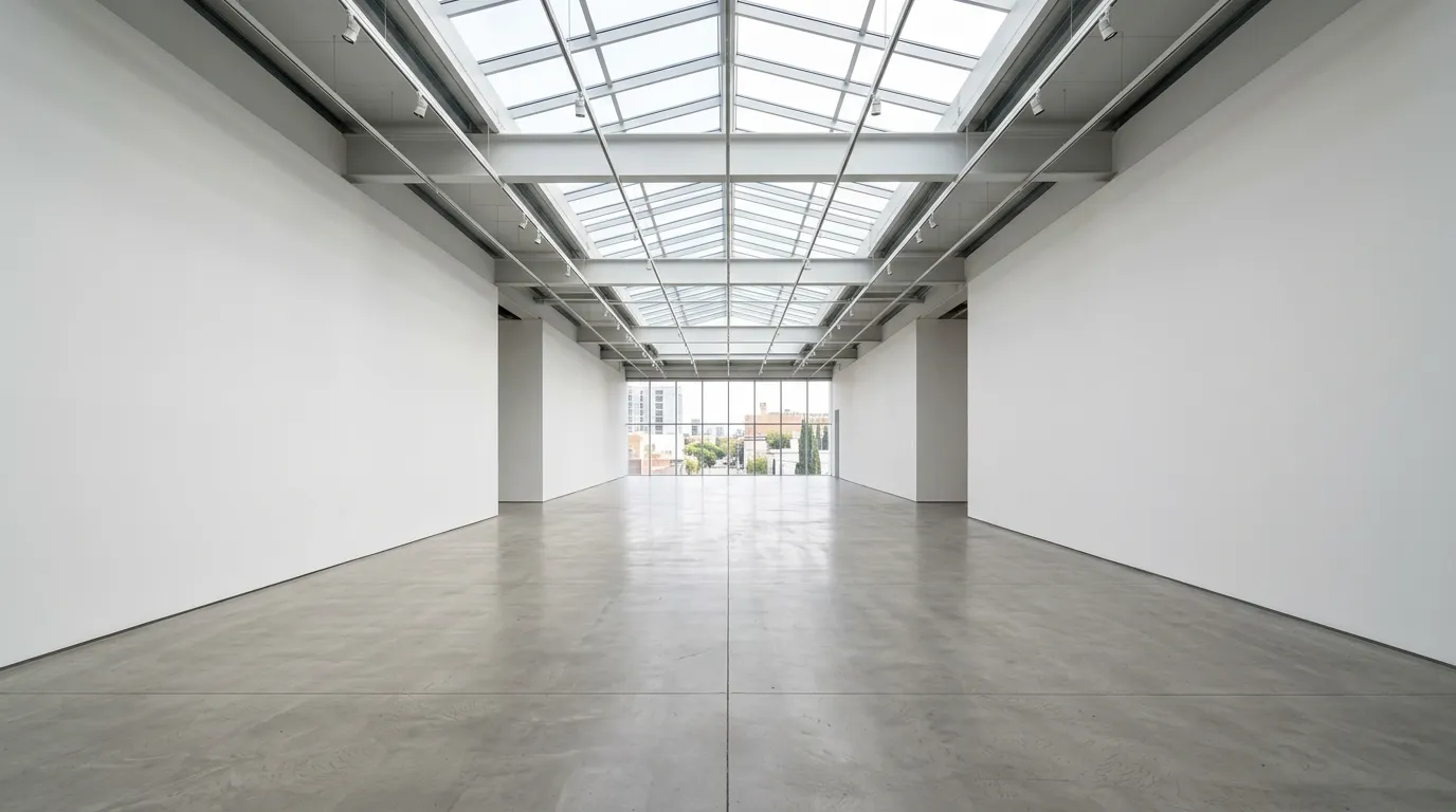 modern gallery interior with white walls, natural light from above, empty exhibition space ready for art installation, minimal urban aesthetic