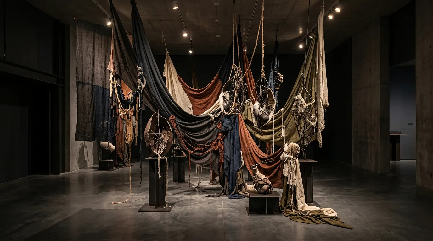 contemporary art installation with textiles and sculptural elements in gallery space, mixed media artwork arrangement, moody atmospheric lighting