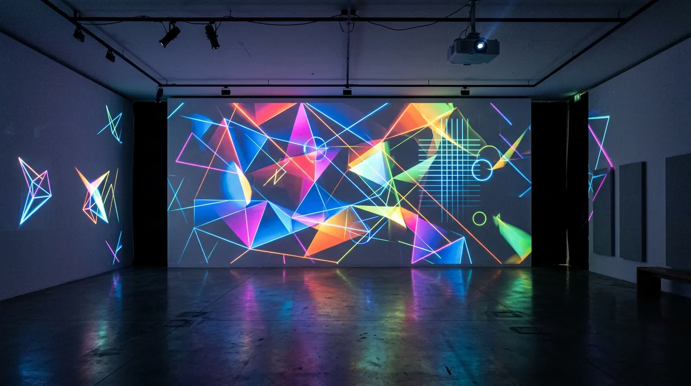 abstract audio-visual installation with light projections and geometric shapes on white gallery walls, immersive colored light patterns, minimalist contemporary art space