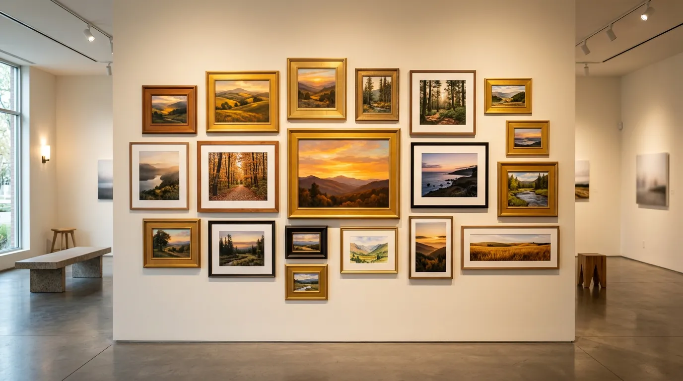 gallery wall displaying landscape paintings and photographs, varied artwork hung at different heights, golden and warm tones, contemporary exhibition space
