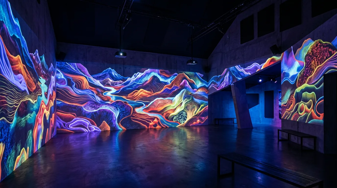 immersive gallery installation with projection mapping on walls creating abstract landscape patterns, atmospheric colored lighting in dark space, contemporary art environment